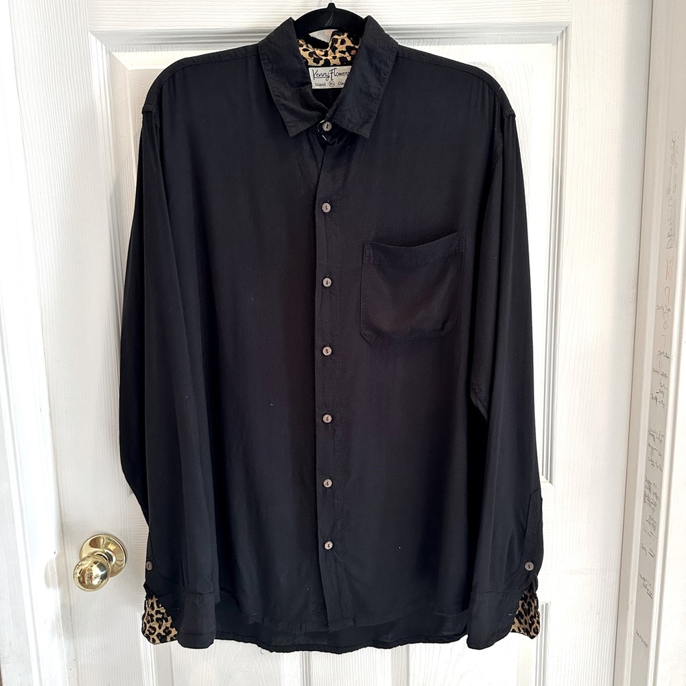 🌺 Kenny Flowers Vintage 90’s Button-Down Shirt Black with Leopard Print Accents